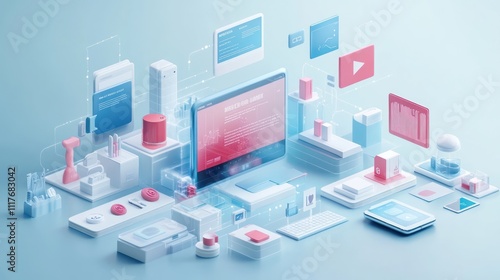3D illustration of a connected network of devices and digital data.