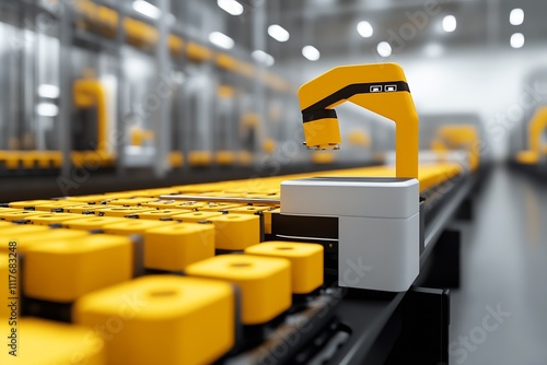 Cutting-Edge Yellow Robotic Arm in Industrial Assembly Line Sorting Components in Modernized Factory : Generative AI photo