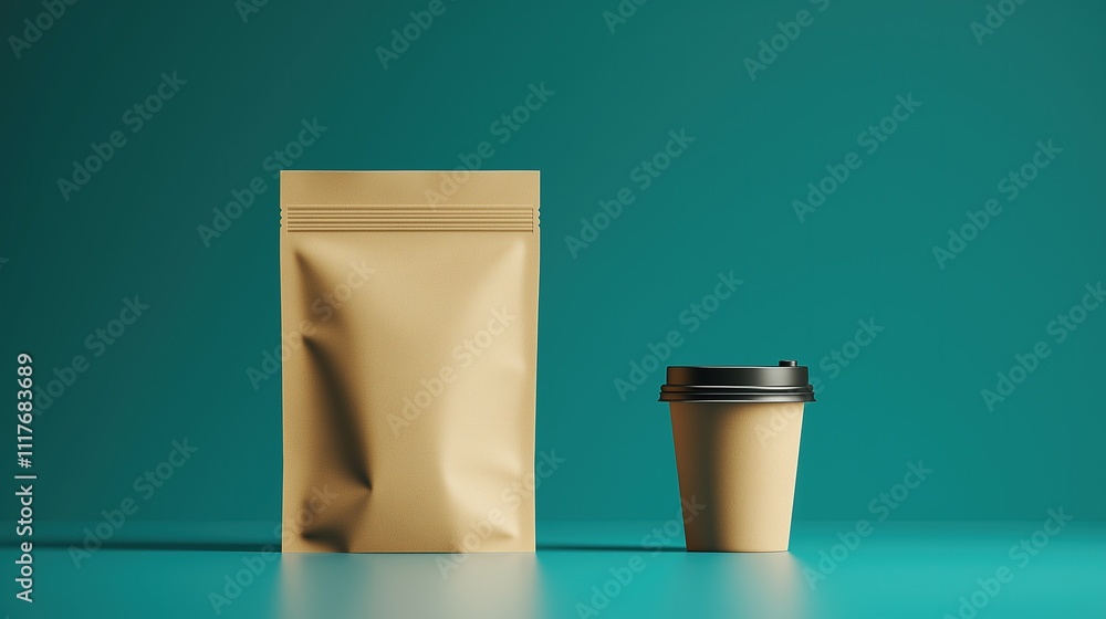 Minimalist Coffee Cup and Brown Packaging Mockup on a Turquoise Background Minimalist Coffee Cup and Brown Packaging Mockup on a Turquoise Background