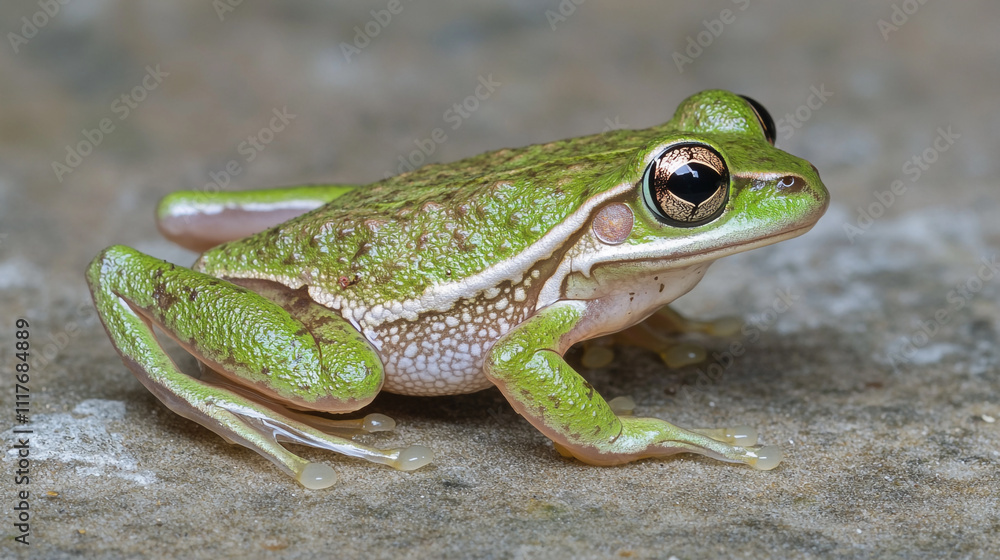 Obraz premium Green frog perched on a stone in a natural habitat during daylight hours