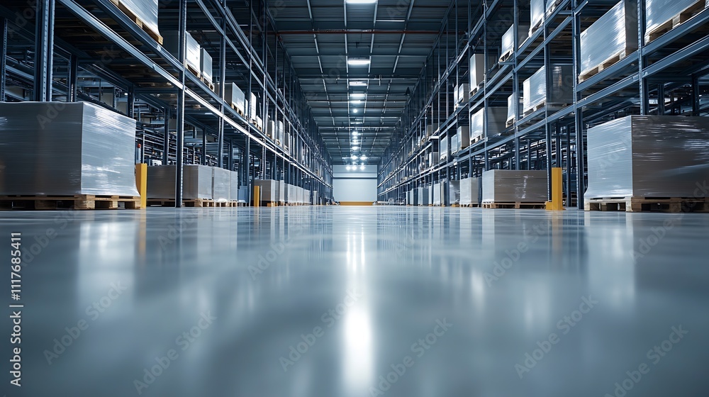 Spacious Modern Warehouse Interior with Palletized Goods and Industrial Shelving : Generative AI Spacious Modern Warehouse Interior with Palletized Goods and Industrial Shelving : Generative AI