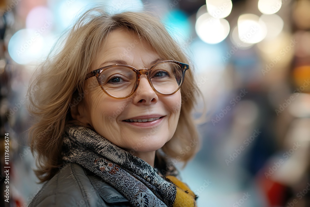 Portrait of a cheerful mature woman with glasses and a scarf, smiling in a blurred background Portrait of a cheerful mature woman with glasses and a scarf, smiling in a blurred background