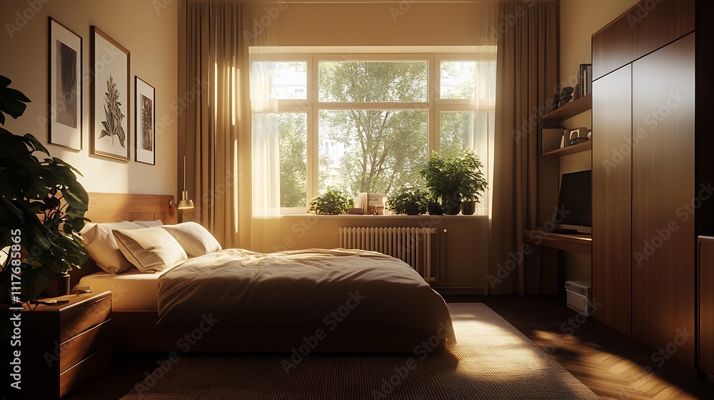 Fototapeta premium Cozy and sunlit modern bedroom interior with natural elements and stylish furnishings : Generative AI