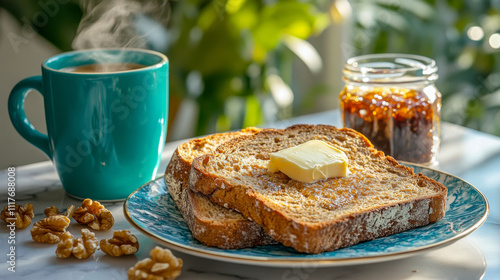 Morning breakfast with toast and coffee, a clear jar of homemade date jam, and scattered walnut halves