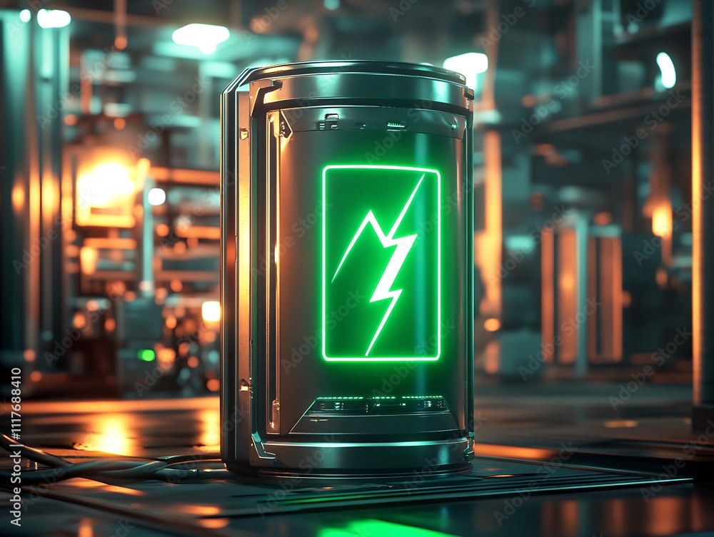 Cutting-edge green energy battery with futuristic neon design in high-tech industrial lab setting : Generative AI Cutting-edge green energy battery with futuristic neon design in high-tech industrial lab setting : Generative AI