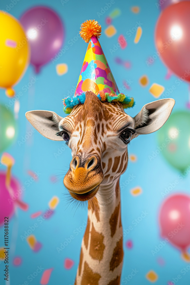 Giraffe wearing colorful party hat celebrates birthday against festive blue background with confetti and colorful balloons