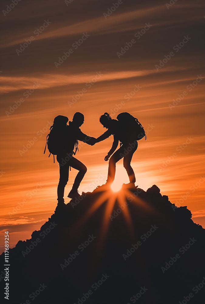 Hikers silhouetted on mountain summit against stunning sunset showcasing unity and determination : Generative AI Hikers silhouetted on mountain summit against stunning sunset showcasing unity and determination : Generative AI