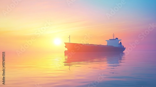 Dazzling Sky at Sunset with Cargo Ship Sailing Blissfully on Serene Ocean : Generative AI