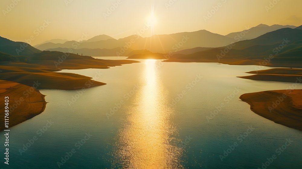 Serene landscape with a river reflecting the sunset amidst mountains. Serene landscape with a river reflecting the sunset amidst mountains.