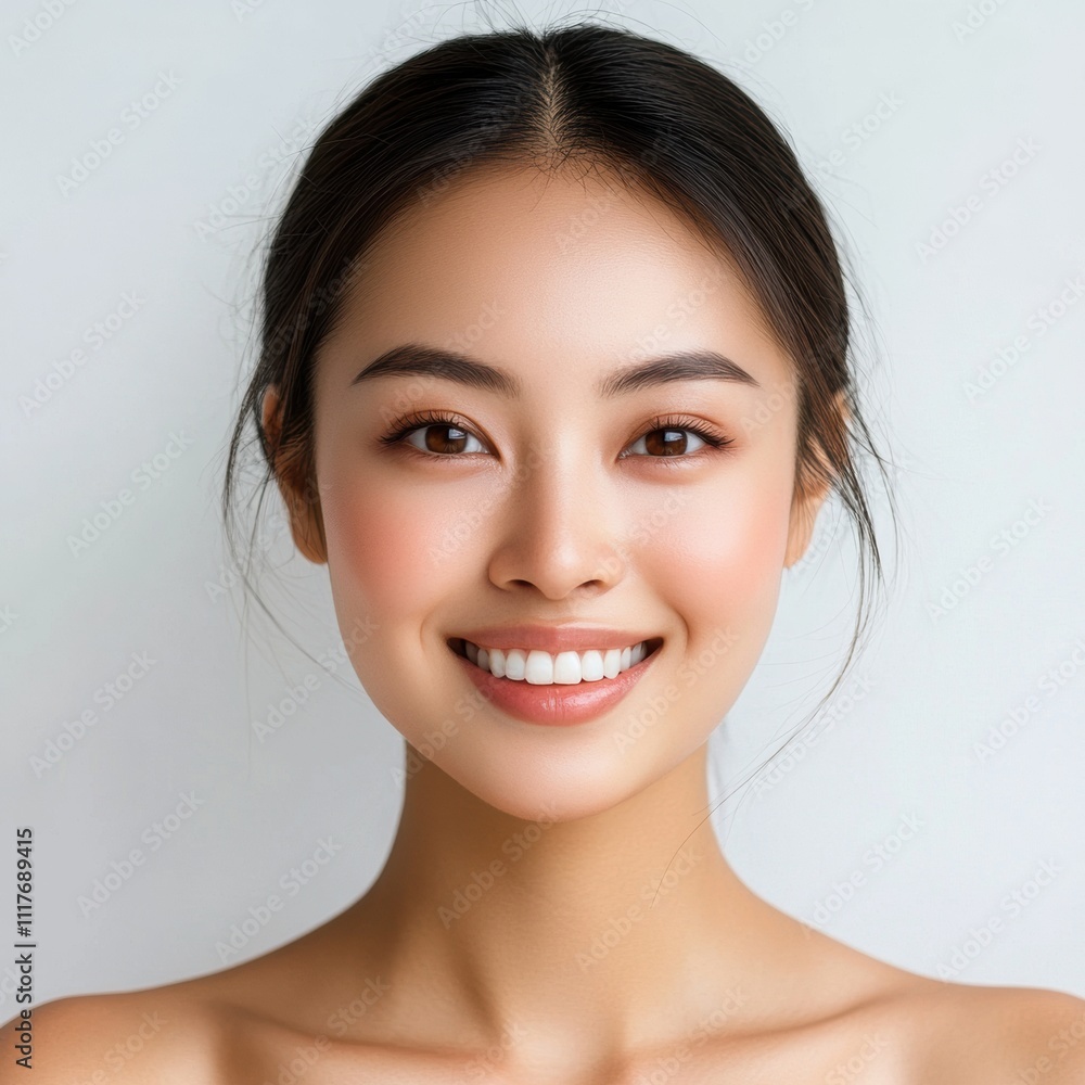 Portrait of a young woman smiling studio setting photography bright background close-up beauty and confidence Portrait of a young woman smiling studio setting photography bright background close-up beauty and confidence