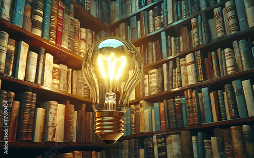 Illuminating Ideas: A luminous light bulb shines brightly in a detailed library setting, suggesting knowledge and insight.