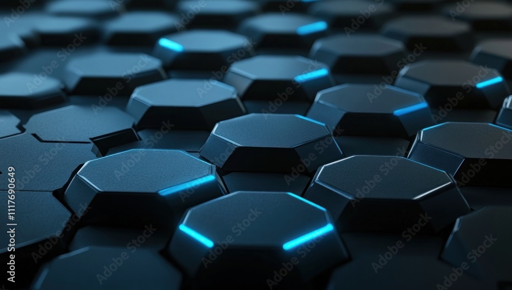 Abstract Hexagon Pattern: Blue Neon Lights on Dark Geometric Shapes Abstract Hexagon Pattern: Blue Neon Lights on Dark Geometric Shapes