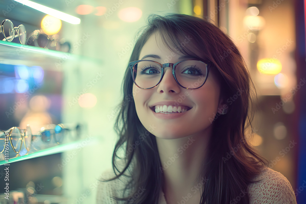 Woman happily trying on eyeglasses at an optics store Woman happily trying on eyeglasses at an optics store