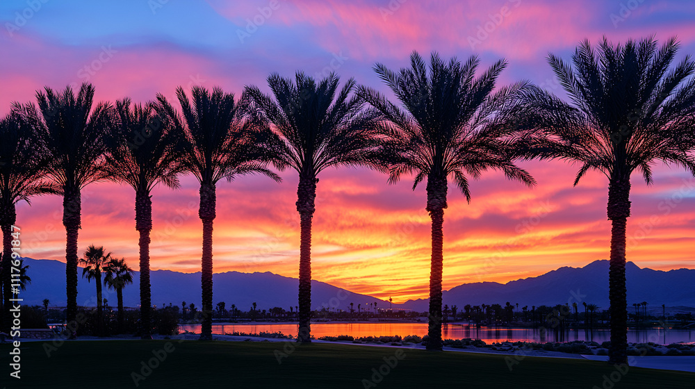 Obraz premium Silhouette Palm Trees at Vibrant Sunset Over Mountains
