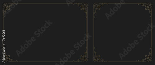 Vintage luxury golden swirl ornament frame with corner set vector illustration. Royal Victorian filigree scroll antique ornate squared rectangle border for label cover signage