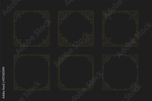 Luxury vintage floral motif golden swirl ornate frame with corner set vector illustration. Classical royal Victorian vignette filigree calligraphic design element for antique greeting card book cover