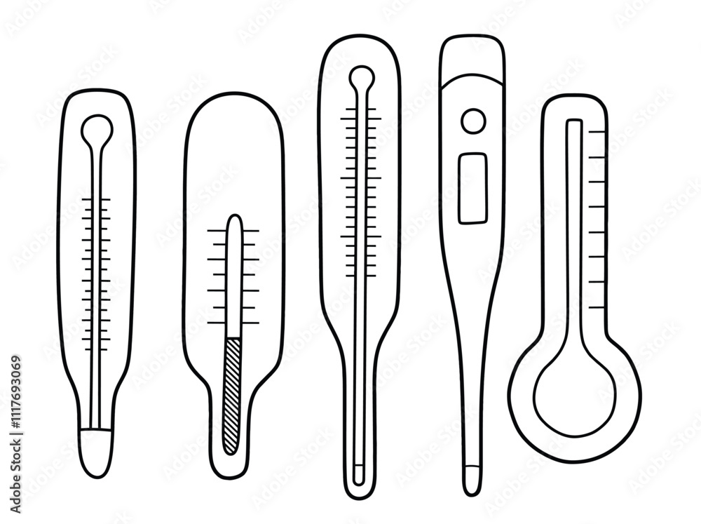 Hand drawn outline Medical thermometer . medical doodle set with art line style on isolated white background. Hand drawn outline Medical thermometer . medical doodle set with art line style on isolated white background.
