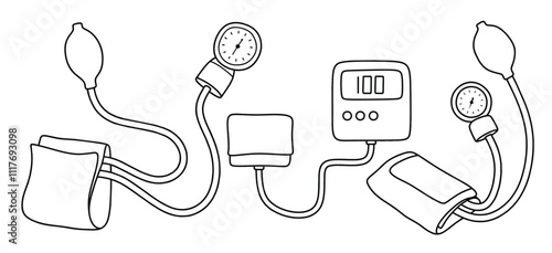 Hand drawn outline Medical tonometer . medical doodle set with art line style on isolated white background.