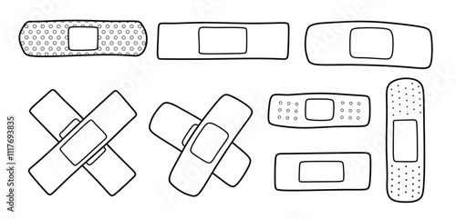 Hand drawn outline medical plaster. medical doodle set with art line style on isolated white background.