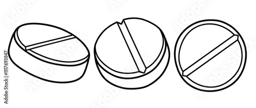 Hand drawn outline pills, tablet, capsule. medical doodle set
