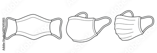 Hand drawn outline surgical mask. medical equipment doodle set with art line style on isolated white background.