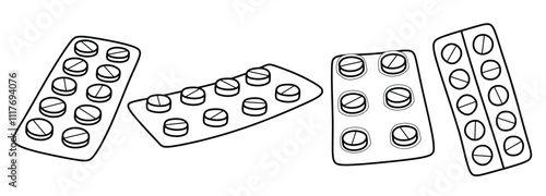 Hand drawn outline pills, tablet, capsule. medical doodle pack set with art line style on isolated white background.