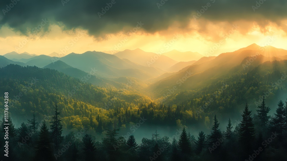 Obraz premium Majestic sunset over misty mountain range, golden light through clouds, forest valley.
