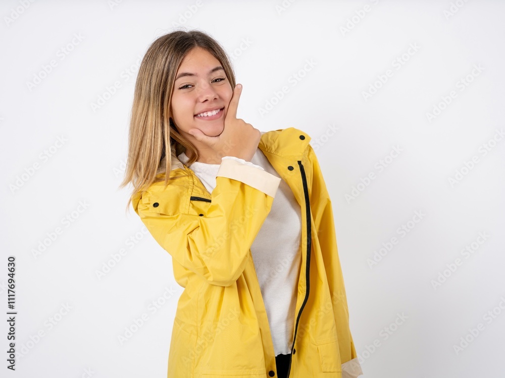 Beautiful teenager girl wearing yellow raincoat looking confident at the camera smiling with crossed arms and hand raised on chin. Thinking positive. Beautiful teenager girl wearing yellow raincoat looking confident at the camera smiling with crossed arms and hand raised on chin. Thinking positive.