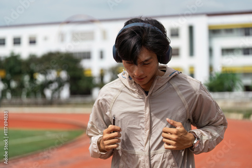 Young Adult Engaged in Outdoor Fitness Routine with Headphones on a Track Field photo