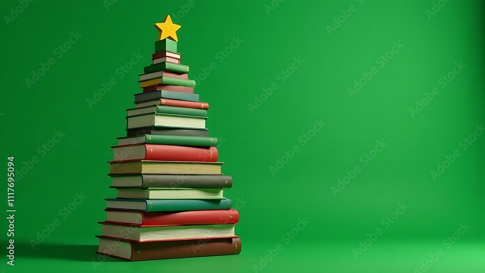 Christmas tree made of books on a green background Christmas tree made of books on a green background