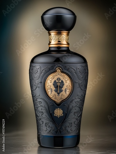 A luxurious black and gold perfume bottle with intricate detailing and elegant engraving, representing sophistication, opulence, and timeless fragrance design.