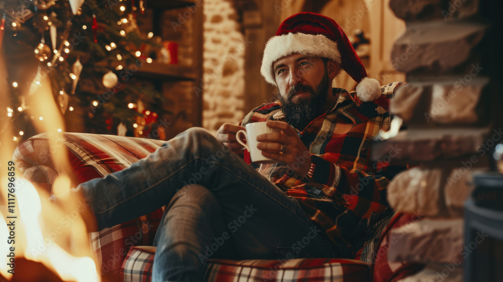 Obraz premium person with a cup of coffee and santa clause hat