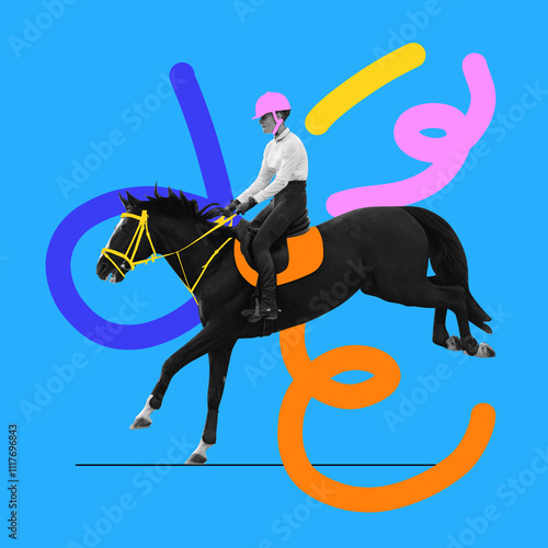 Young female rider in pink helmet sitting on black horse against vibrant blue background with abstract colorful shapes. Contemporary art collage. Concept of equestrian sport, action, creativity photo