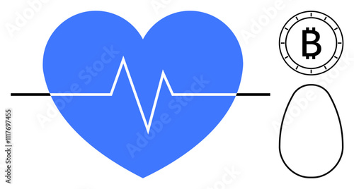 Blue heart with heartbeat line, Bitcoin coin, and egg shape. Ideal for health, finance, digital currency, investment, medical tech, growth concepts, futuristic themes. Line metaphor