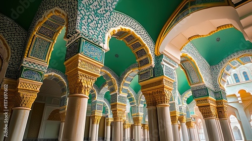 Ornate Islamic architecture interior with teal ceiling, gold columns, and intricate arches. photo