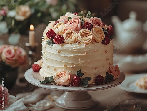 Elegant Cake Decorated with Roses and Raspberries photo