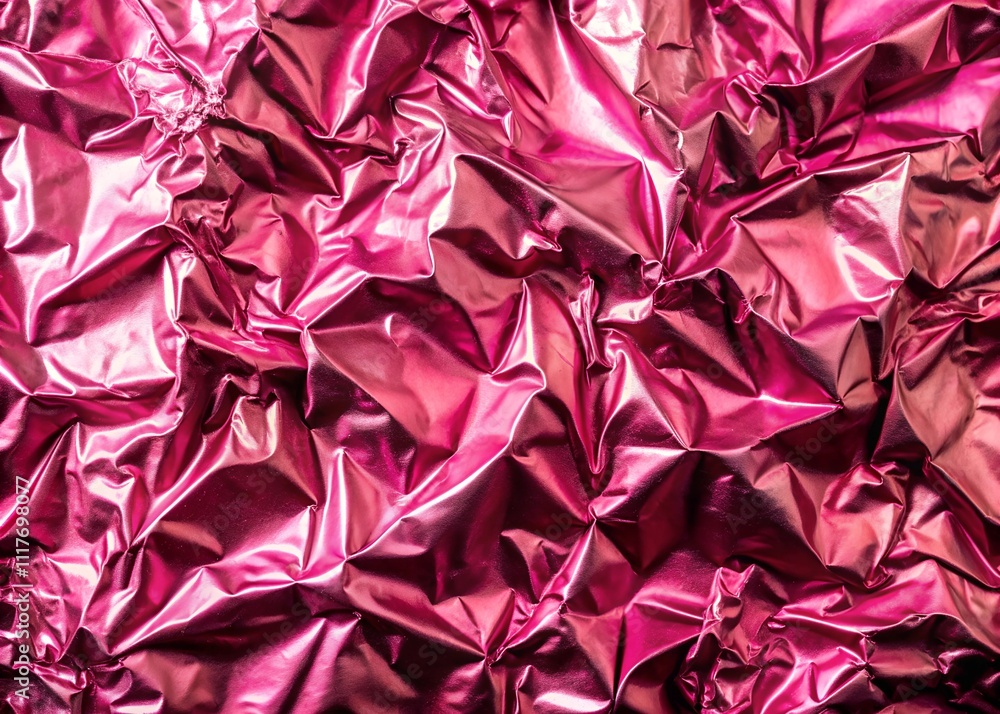 Artfully crumpled pink shiny foil creates a modern abstract texture, offering a visually pleasing play of light and shadow. Perfect for artistic and design concepts. Artfully crumpled pink shiny foil creates a modern abstract texture, offering a visually pleasing play of light and shadow. Perfect for artistic and design concepts.