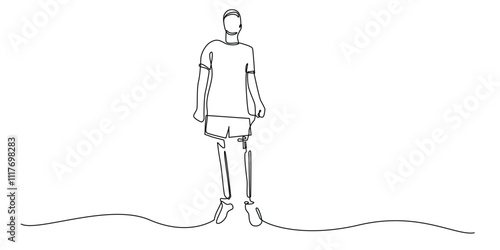 continuous line drawing of man with prosthetic leg.one line drawing of man wearing prosthetic leg.health aid.single line vector illustration.isolated white background