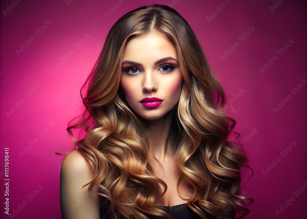 Stylish portrait of a young woman with radiant hair, set against a vivid pink backdrop with subtle lighting, conveying modernity, beauty, and confidence. Stylish portrait of a young woman with radiant hair, set against a vivid pink backdrop with subtle lighting, conveying modernity, beauty, and confidence.