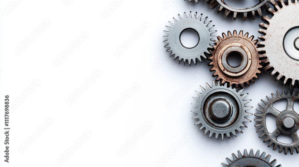 A collection of metal gears and cogs in varying sizes and shades of silver and bronze on a white background, symbolizing industry and mechanical engineering. A collection of metal gears and cogs in varying sizes and shades of silver and bronze on a white background, symbolizing industry and mechanical engineering.