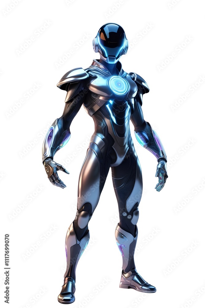 Futuristic Cyborg in Sleek Silver Armor Posing Against White Background A digital rendering showcasing a highly detailed cyborg with glowing blue accents Futuristic Cyborg in Sleek Silver Armor Posing Against White Background A digital rendering showcasing a highly detailed cyborg with glowing blue accents