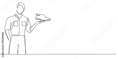 continuous line drawing of shoe sales advertisement.one line drawing of man lifting shoe with left hand.single line vector illustration of shoe advertising.isolated white background