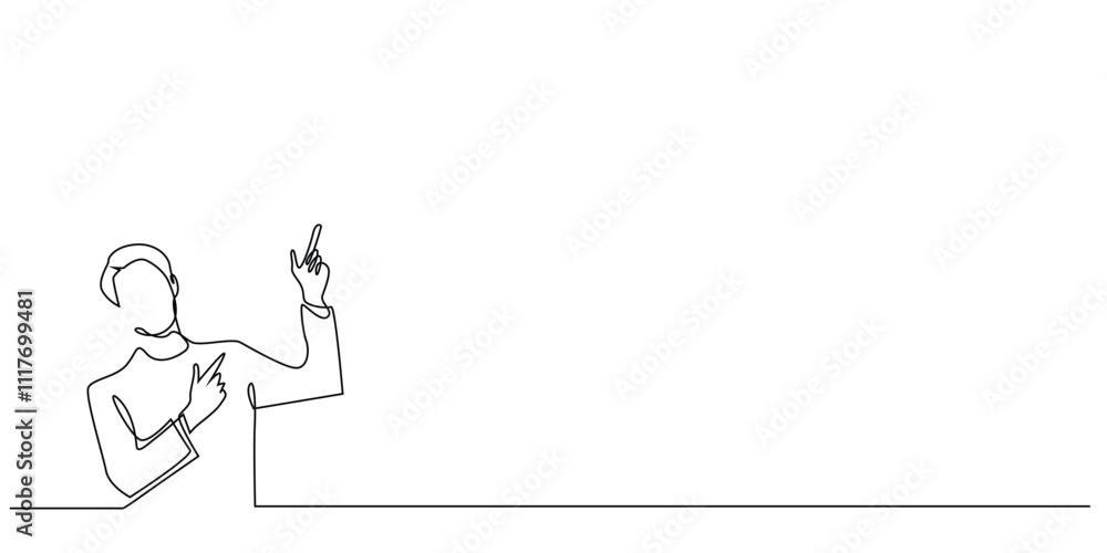 continuous line drawing of a man pointing up.one line drawing of a man pointing up with a finger.single line vector illustration of advertising.isolated white background continuous line drawing of a man pointing up.one line drawing of a man pointing up with a finger.single line vector illustration of advertising.isolated white background