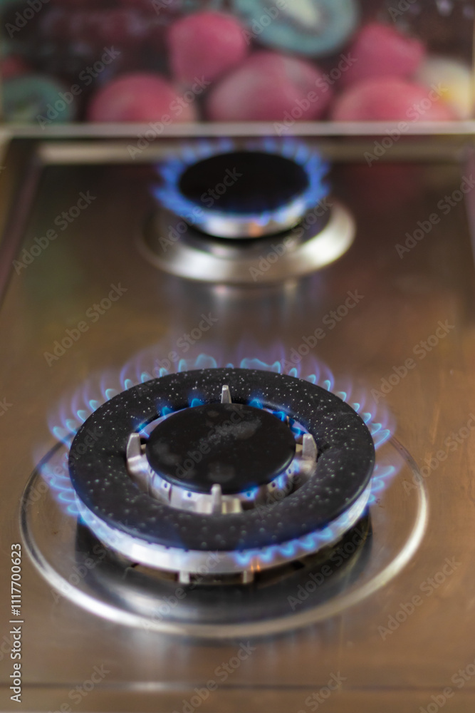 Gas Stove Burner with Blue Flame. close up Gas Stove Burner with Blue Flame. close up