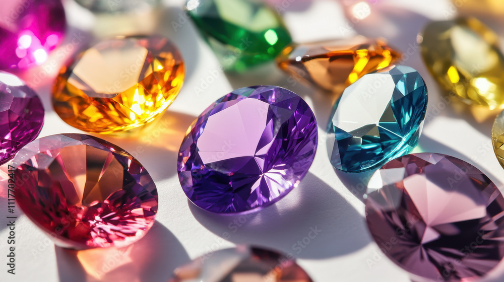 A vibrant array of colorful gemstones sparkling in the sunlight, showcasing their faceted brilliance on a white surface. A vibrant array of colorful gemstones sparkling in the sunlight, showcasing their faceted brilliance on a white surface.