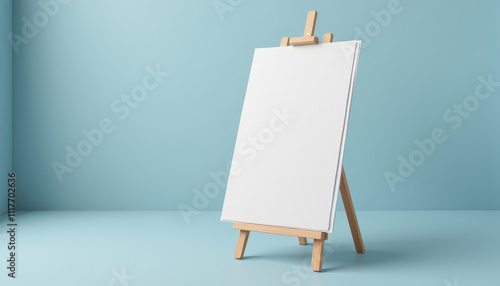 Wallpaper Mural Blank A4 paper mockup on a wooden easel in a bright blue artistic environment Torontodigital.ca