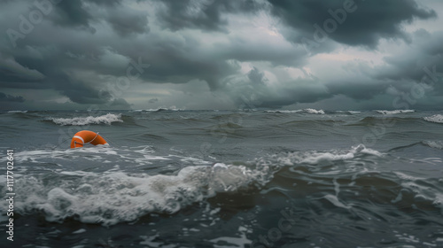 orange life buoy floating on rought sea photo