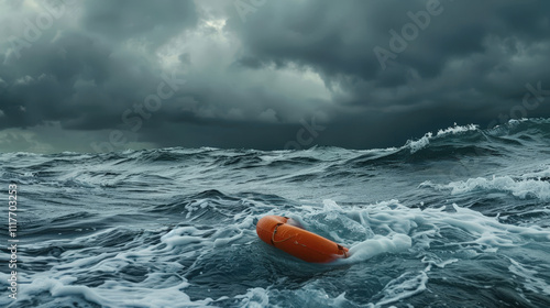 orange life buoy floating on rought sea photo