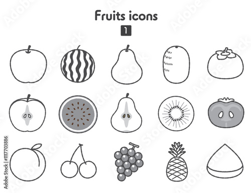 フルーツのアイコン集01 モノクロ