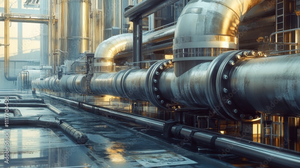 Industrial pipework and refinery structures, wet floor, sunlight reflections. Industrial pipework and refinery structures, wet floor, sunlight reflections.
